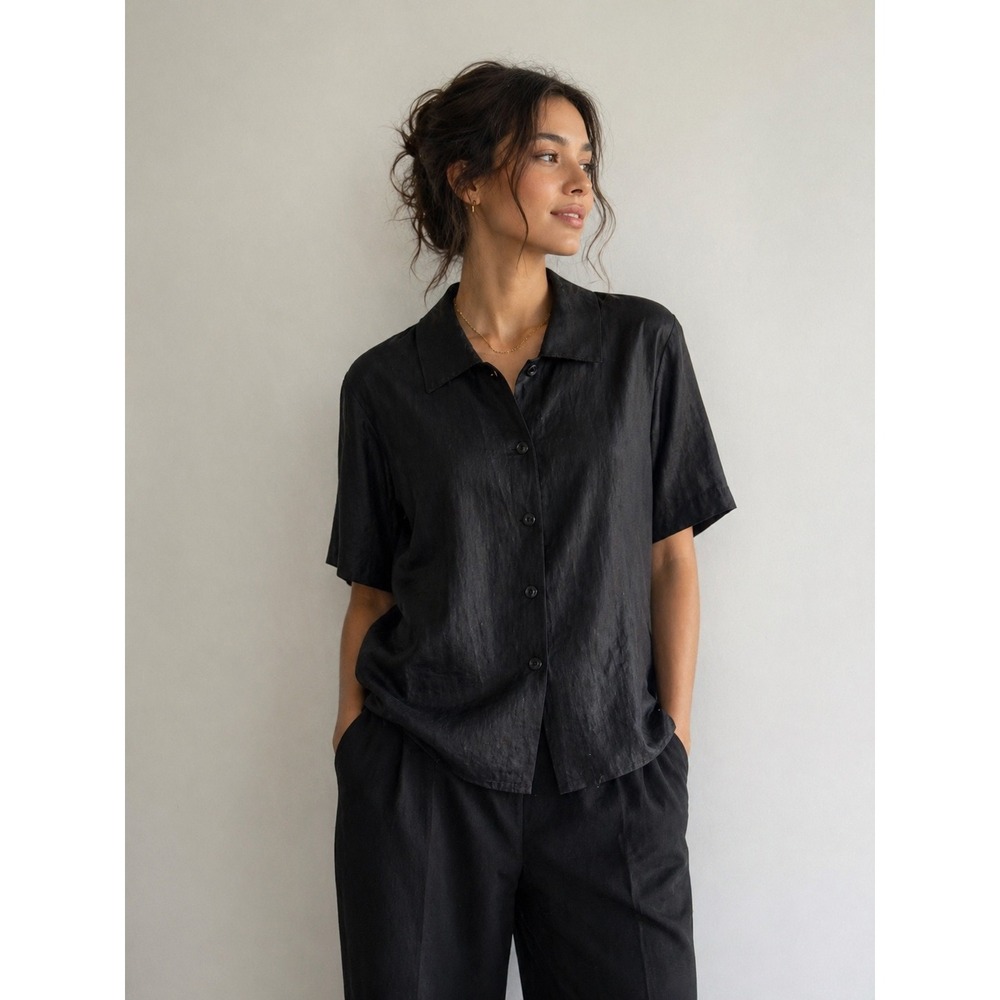 Vintage Silk Simi Black Short Sleeve Button Down Top Textured Blouse Size 8
